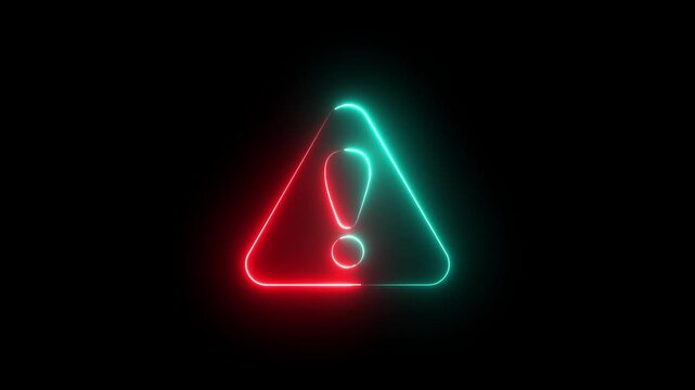 Neon warning attention sign icon animation glowing red and cyan color danger error alert risk stop sign emergency sign icon sign symbol on black background