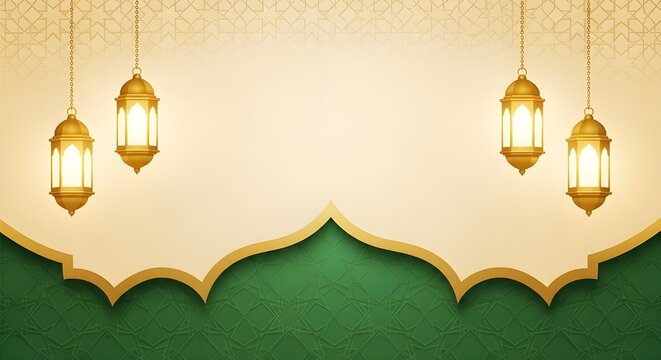 Minimal Islamic background featuring glowing candles and lanterns on a green landscape, suitable for Ramadan, Eid, and religious greeting designs.