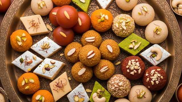 indian sweets, chocolate easter eggs, Rich Assortment of Traditional Indian Sweets. Overhead Flat Lay with Til Ladoo, Gulab Jamun, Barfi, and Other Delicious Desserts. Festive Platter