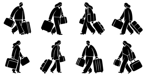 People walking with luggage and suitcases silhouettes set, travelers and immigrants icons.