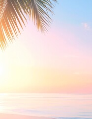 パームリーフとパステルな空が広がる暖かいトロピカルビーチ背景
