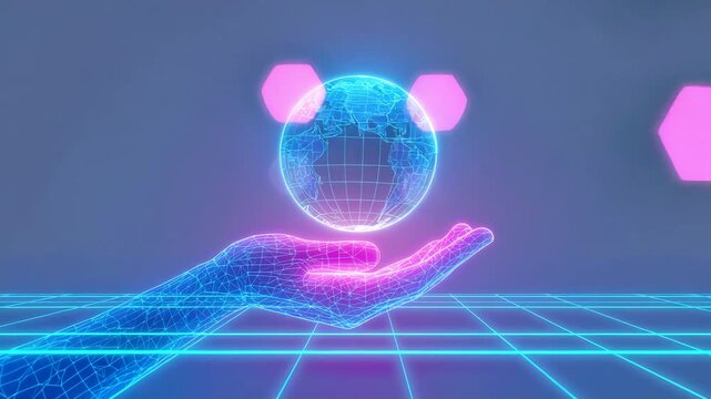 Futuristic holographic hand holding glowing digital globe above virtual grid surface
