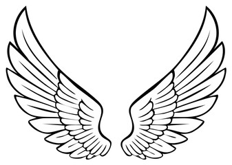 Fototapeta premium Stylized black and white illustration of a pair of spread angel wings with detailed feathers