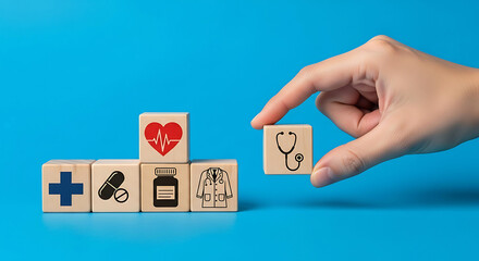 Hand selecting healthcare symbols on wooden blocks