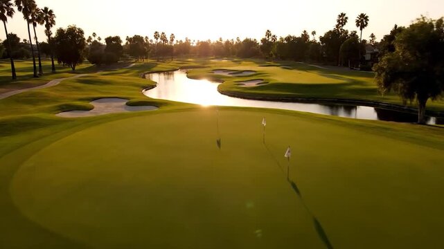 Green golf course with water hazard and palm trees