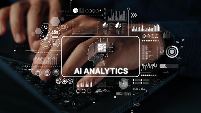 Hands Typing on Keyboard with AI Analytics Concept and Data Visualization Overlay. Asymptotic smart data analytic.