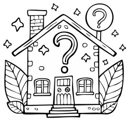 Cartoon house with question marks and stars, illustration concept