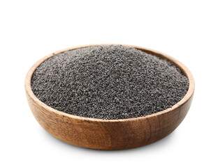 Bowl of poppy seeds isolated on white
