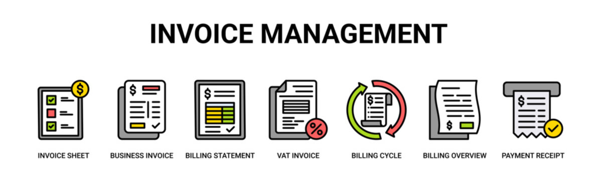 Invoice Management web banner icon vector illustration concept with icon of invoice sheet, business invoice, billing statement, vat invoice, billing cycle, billing overview, payment receipt.