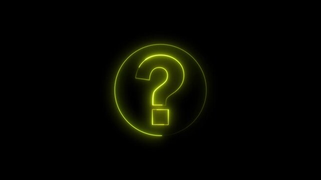 Neon question mark sign icon animation glowing yellow color confusion mark quiz punctuation mark education exam sign sign symbol on black background