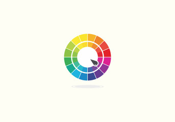 Fototapeta premium Vector set Concept Flat design color wheel palette with rainbow hues, concentric circles, and a grey pointer.