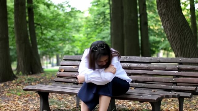 A young girl sits alone on a wooden bench in a serene forest, lost in thought and sadness
