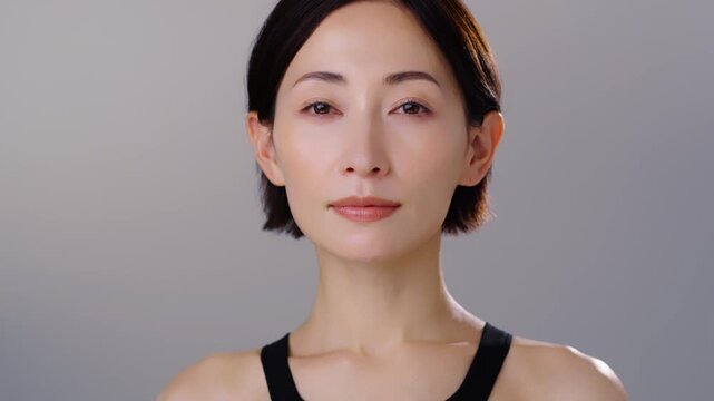 ゆっくりと目を開ける40代の日本人女性のビューティーイメージ