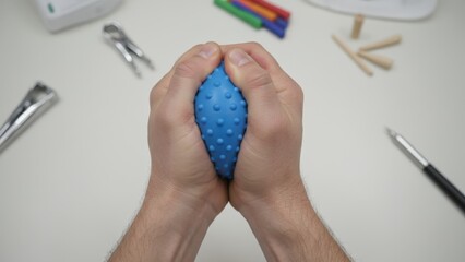Hands Squeezing Blue Stress Ball on Office Desk for Relaxation and Focus Management