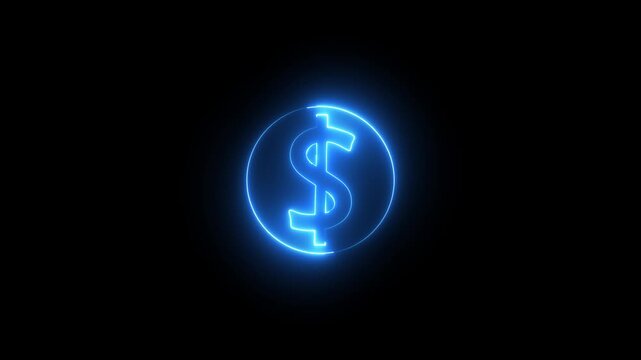 Neon dollar sign icon animation glowing blue color us currency finance money bank on black background