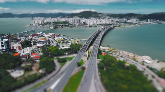 Aerial hyperlapse of the city of Florianopols as seen from the continent from the city of Sao Jose. State of Santa Catarina, Brazil