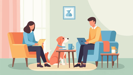 A man and woman sit in comfortable chairs with a dog, each engaged with a device
