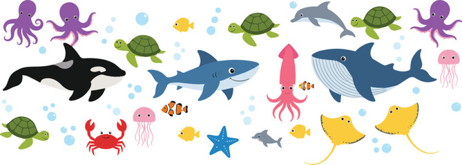 Cute cartoon underwater sea animals vector set with whale, shark, dolphin, turtle, octopus, rays, and fish characters © Kharshad Creative