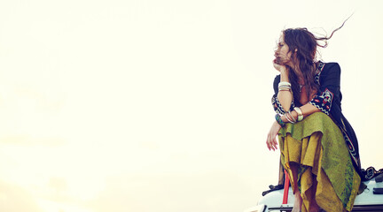 Thinking, woman and relax on van, outdoor or road trip with vehicle, mockup space or calm on holiday. Sky, reflection and person on transport for vacation, travel and memory in nature and remember