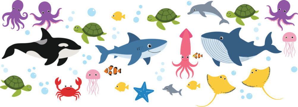 Cute cartoon underwater sea animals vector set with whale, shark, dolphin, turtle, octopus, rays, and fish characters