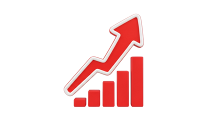 Red upward arrow over increasing bar chart on black background