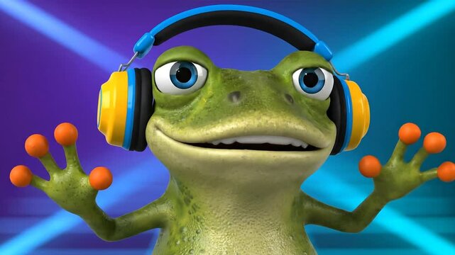 An animated frog wearing headphones performs a vibrant dance in a dynamic purple and blue setting.
