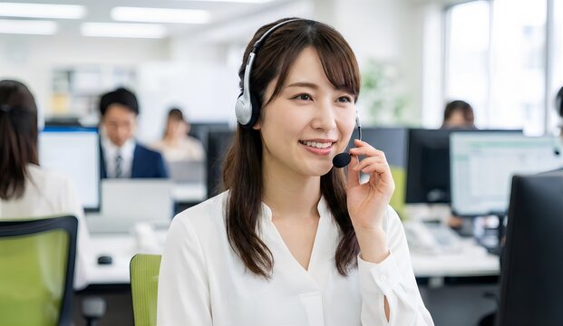オフィスでヘッドセットをつけて電話対応をする笑顔の日本人女性オペレーター、カスタマーサポート