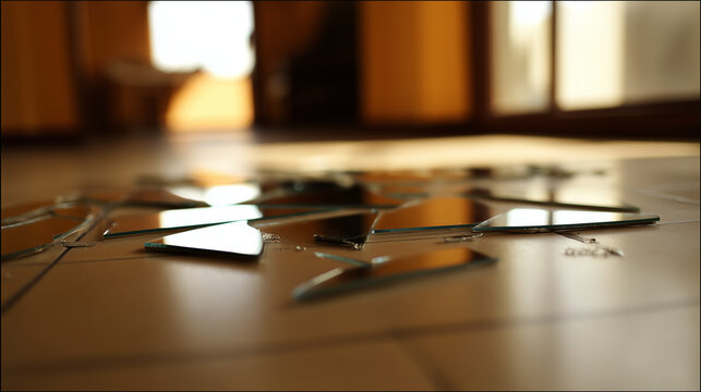 superego. Broken mirror pieces scattered on floor reflecting distorted surfaces. wellbeing guides, coaching materials, designed for coaching and self-improvement content, clarifies learning.
