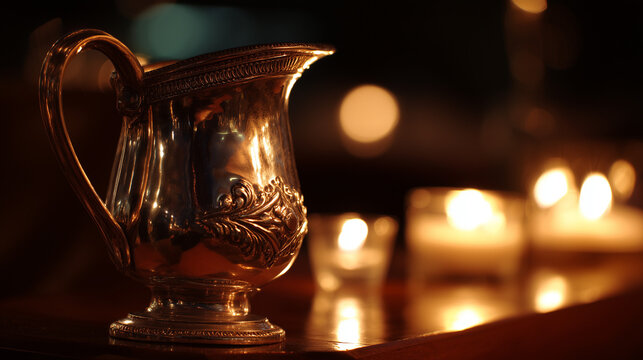 flagon. Ornate silver flagon reflecting candlelight with slight tilt, warm golden tones. bar promotions, beverage menus, designed for food & beverage menus and cafe branding.
