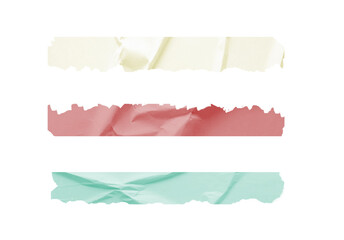 Obraz premium Collection of three crumpled torn paper strips displaying pale yellow dusty rose and mint green colors isolated on black background for design