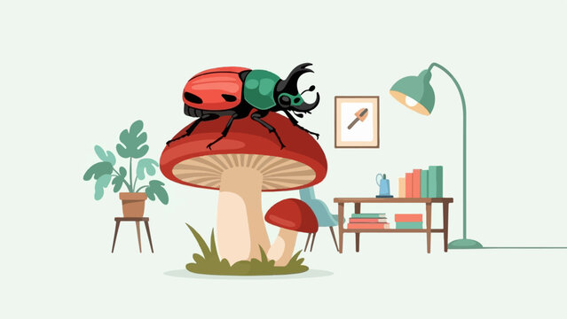 A stylized insect sits atop a large mushroom, with a potted plant, lamp, and bookshelf nearby