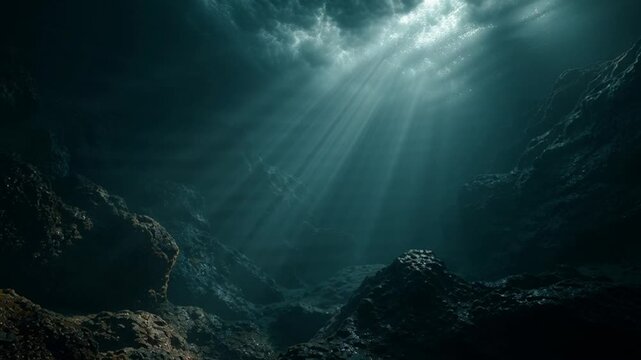 Underwater scene with sunbeams penetrating ocean depths