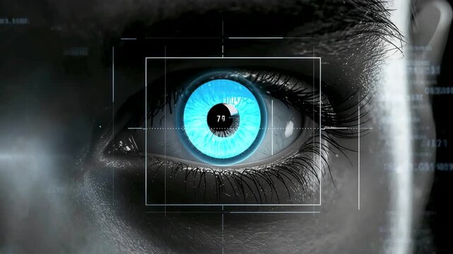 Close-up human eye with blue iris scanned by digital interface and rectangular frame overlay