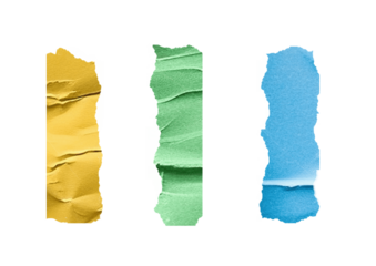 Collection of three vertical textured strips featuring crumpled yellow green and blue paper fragments isolated on black background
