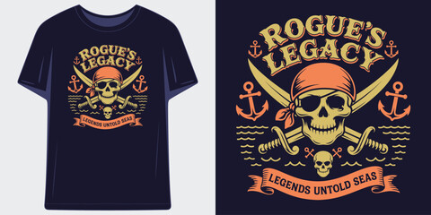 rogue's legacy legends untold seas pirate skull with crossed swords and anchor nautical theme t shirt design vector illustration artwork  © RNDM TeeDesign