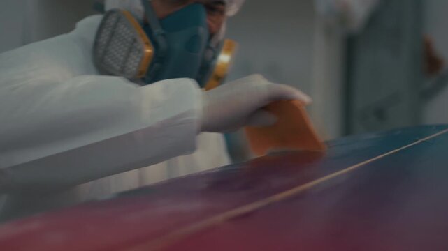 Surf board factory. Adult male works on the surfboard factory and creates the surfing board