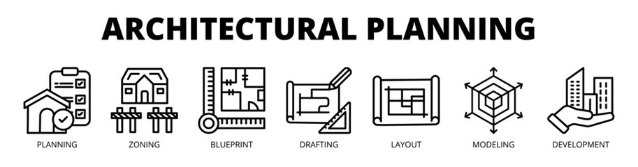 Architectural Planning web banner icon vector illustration concept with icons of planning, zoning, blueprint, drafting, layout, modeling, and development. © benerbaner