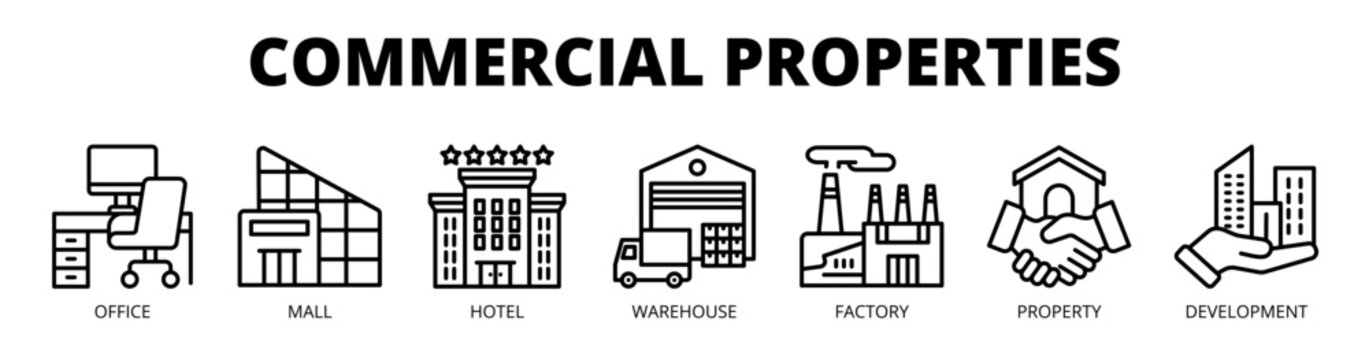 Commercial Properties web banner icon vector illustration concept with icons of office, mall, hotel, warehouse, factory, property, and development.