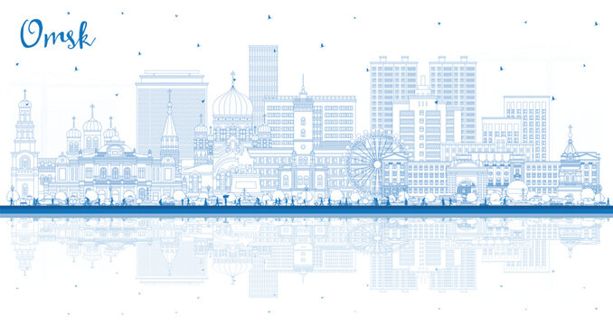 Outline Omsk Russia city skyline with blue buildings and reflections. Omsk cityscape with landmarks. Business travel and tourism concept with modern and historic architecture.