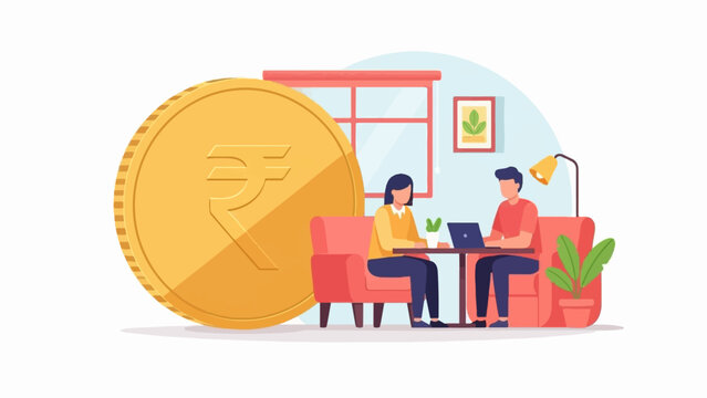 A large coin with a rupee symbol sits beside two people working on laptops