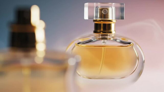 Close-up of elegant perfume bottles with golden liquid and stylish caps creating a luxurious ambiance