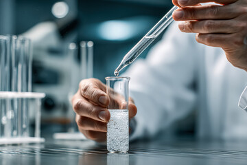 A scientist carefully adds liquid to a test tube containing solid particles in a modern laboratory setting, showcasing precision in chemical analysis.