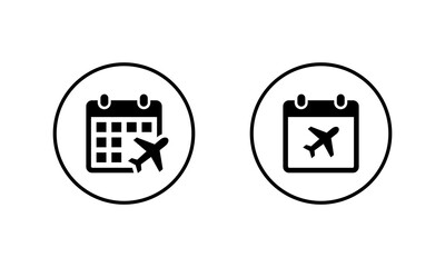 Flight schedule calendar icon in circular outline. Travel planning date symbol. Airplane date sign