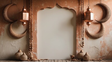Rustic Ramadan Arch Frame with Lanterns and Crescent Decor