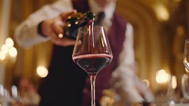 Elegant wine being poured into a glass at a wine festival with warm ambient lighting and sophisticated atmosphere