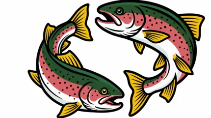 Fotobehang Regenboog Two colorful rainbow trout leaping in a playful cartoon illustration, a vibrant freshwater fish scene for kids and nature lovers.  © Sultan Desain