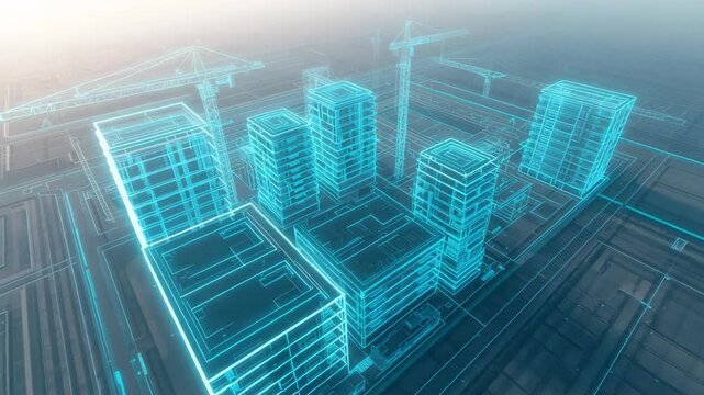 Futuristic holographic city buildings emerging from digital grid in translucent blue rendering