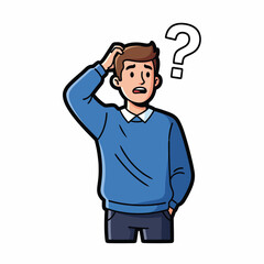 A cartoon man scratching his head with a question mark