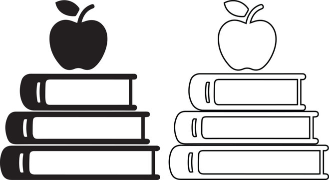 Vector icon set featuring a stack of books with an apple on top in solid black silhouette and linear outline styles representing education, school learning, and academic knowledge concepts.
