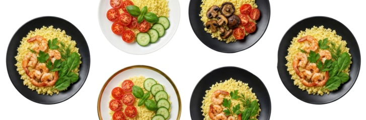 Healthy Meals Collage: Couscous with Shrimp, Tomatoes, Cucumber, Mushrooms